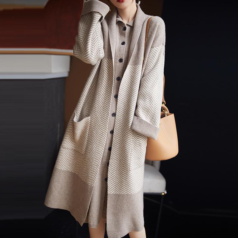 Dámský extra dlouhý zahuštěný kardigan s klopami 100% vlněný svetr šál - Volné podzimní/zimní pletené zboží.