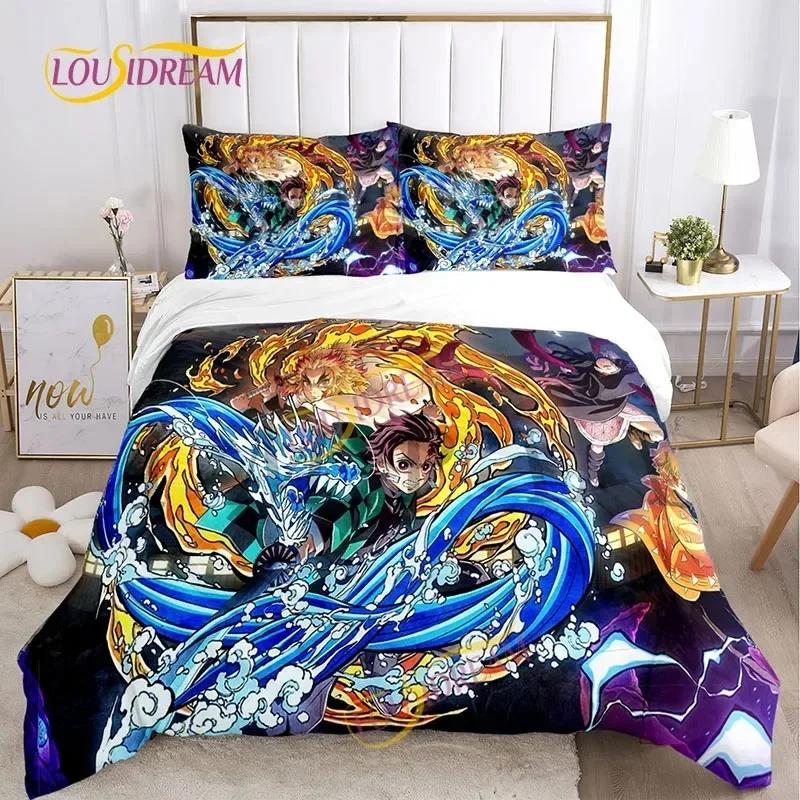 Demon Slayer's Japanese Carton Style Children's Print Beding Set with Soft Fabric Duvet Set Comfortable Bed Size Children's Girl Boy Gift