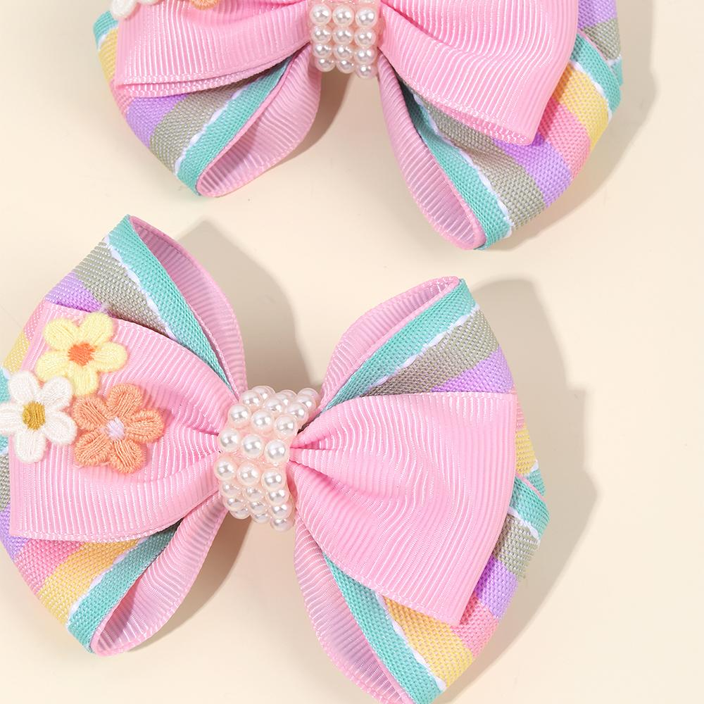 2pcs Cute Rainbow Pearl Little Flower Hair Clips for Girls , Alligator Clips with Thread Woven Ribbon Hair Accessories Headwear