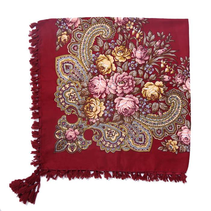 90*90CM Women Russian Style Peony Floral Printed Long Tassel Large Square Scarf Warm Wrap Traditional Ethnic Mexican Shawl
