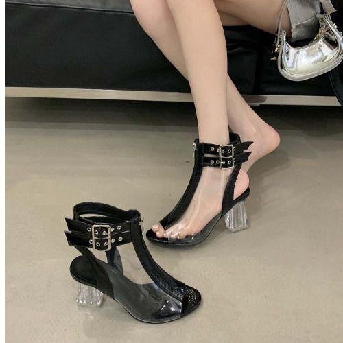

2025 new summer European and American new super high heel catwalk with the same super high heel crystal transparent boots fish mouth cool boots 40 чёрный