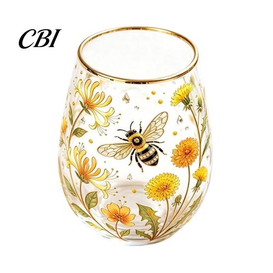 Patterned Translucent Glass Cup, Egg Shape Clear Lead-Free Crystal Enamel Painted Golden Rim Water Cup Vintage Drinking Tumbler, Large Capacity