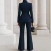 Women's Tailored Wide-Leg Pants Suit Blazer Set, Navy Blue Formal Office Wear