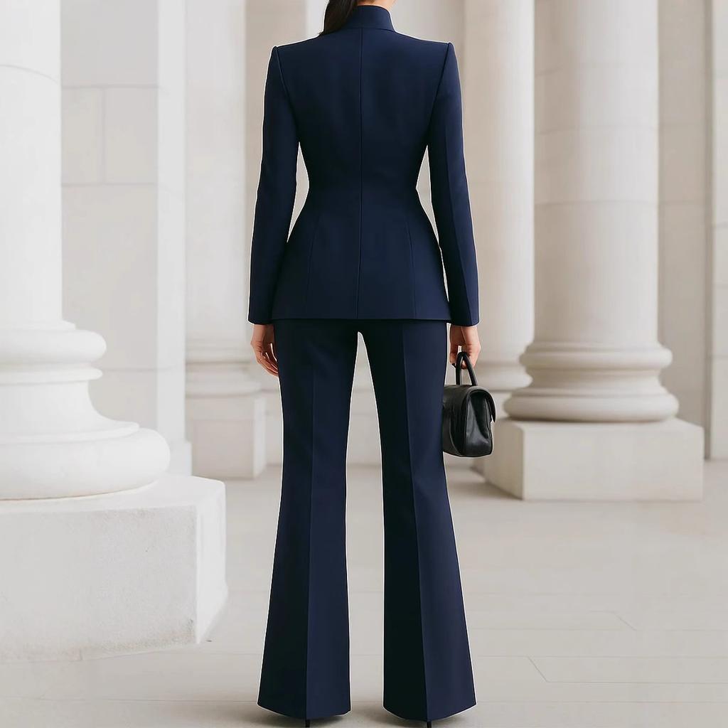 Women's Tailored Wide-Leg Pants Suit Blazer Set, Navy Blue Formal Office Wear