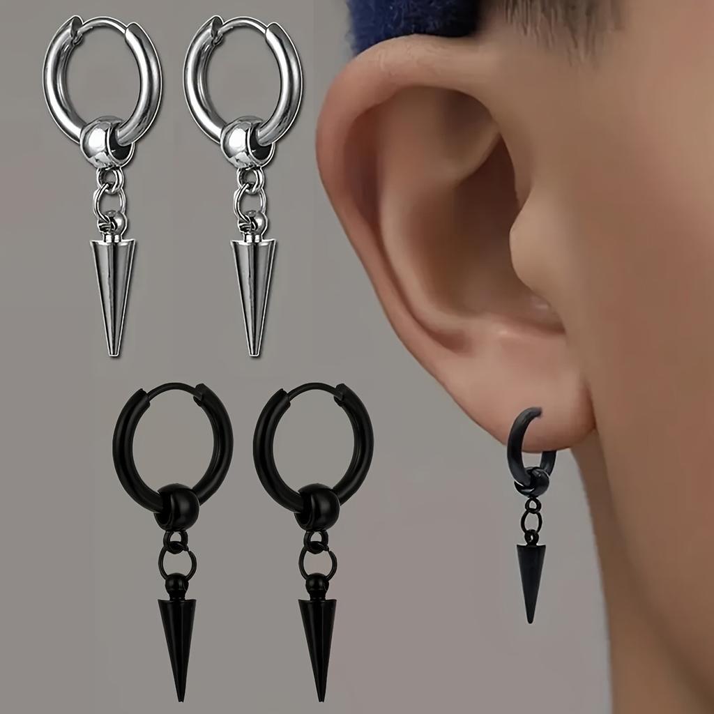 1pairs Fashion Stainless Steel Men's Cone Pendant Earrings, Retro Punk Hip-hop Dangle Earrings For Men