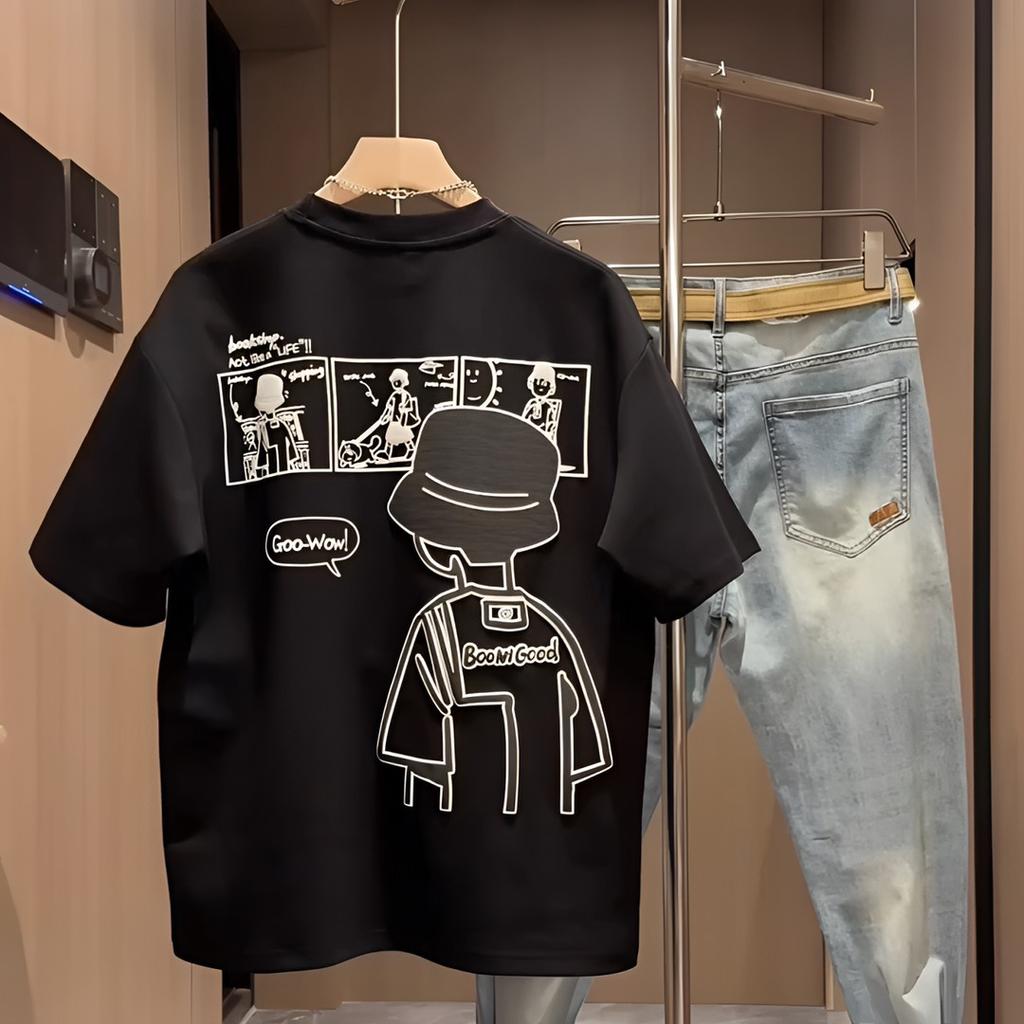 Summer Men'S Short Sleeve Casual Cartoon Printed Crew Neck Top Versatile Half Sleeve Trendy Bottom T-Shirt