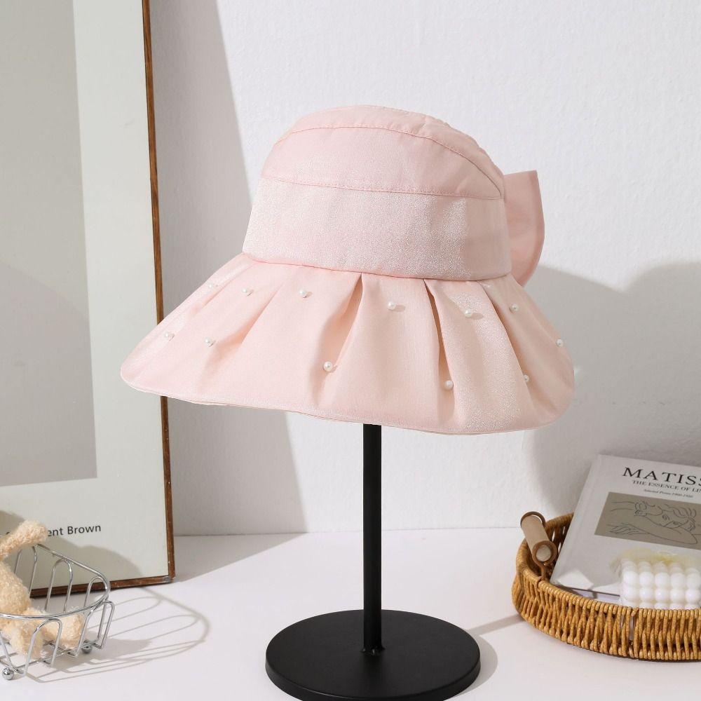 Windproof Women Pearl Bucket Hat Sun Protection Beach Cap Hot Big Brim Sun Hat Women Men