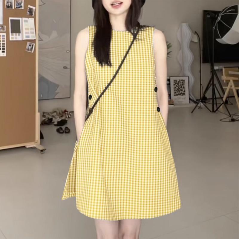 

ZANZEA Women Casual Round Neck Sleeveless Plaid Print Dress Sundress XL