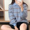 New Arrivals Open Run Women Colorblock Stripe Collar Neck Puff Oversized Knit