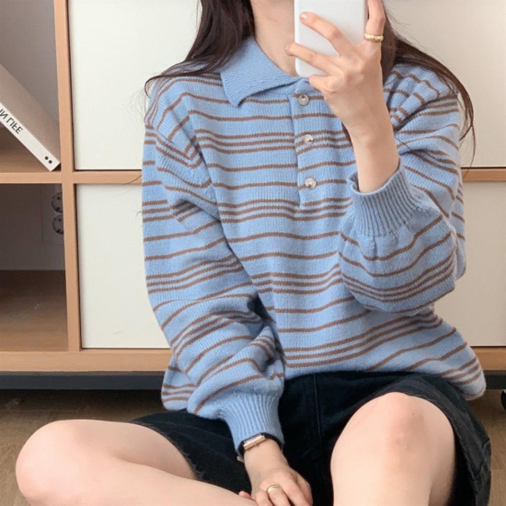 New Arrivals Open Run Women Colorblock Stripe Collar Neck Puff Oversized Knit