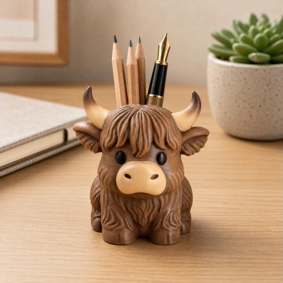 Highland Cow Pen Holder, Multifunctional Desk Organizer for Pens Makeup Brushes, Resin Cute Animal Small Storage Jar Decor for Home Office