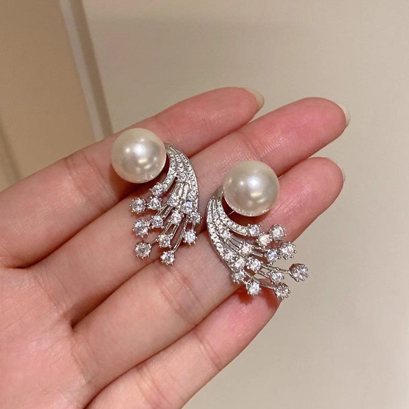 Pearl and Sparkling Cascade Stud Earrings for Women