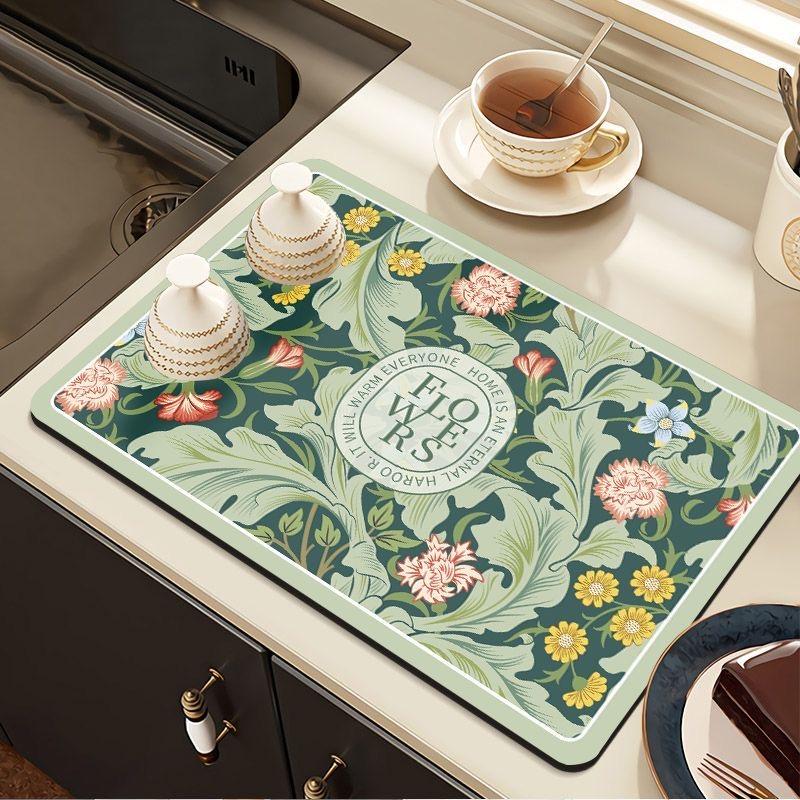 30*40cm Vintage Flora Printed Mud Absorbent Quickly Dry Heat Resistant Non-Slip Tableware Pad Dish Drying Mat Placemat Coffee Mat
