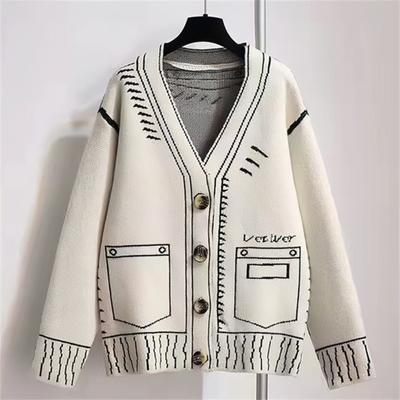 Print Cardigan Knitted Sweater Short Top Long Sleeve Loose V Neck Sweater Female Cardigans Coat