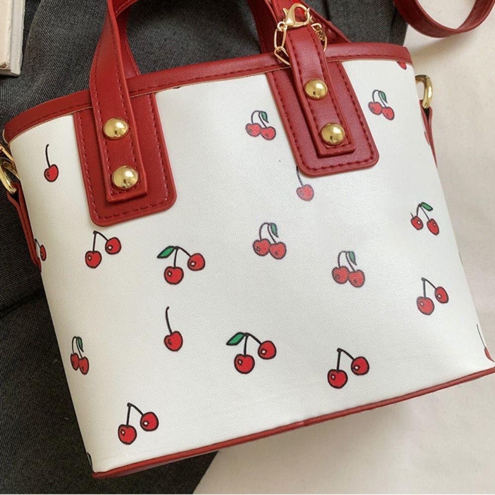 Korean Style Cherry Crossbody Bag Large Capacity Square Tote Bag Bucket Shoulder Bag Travel