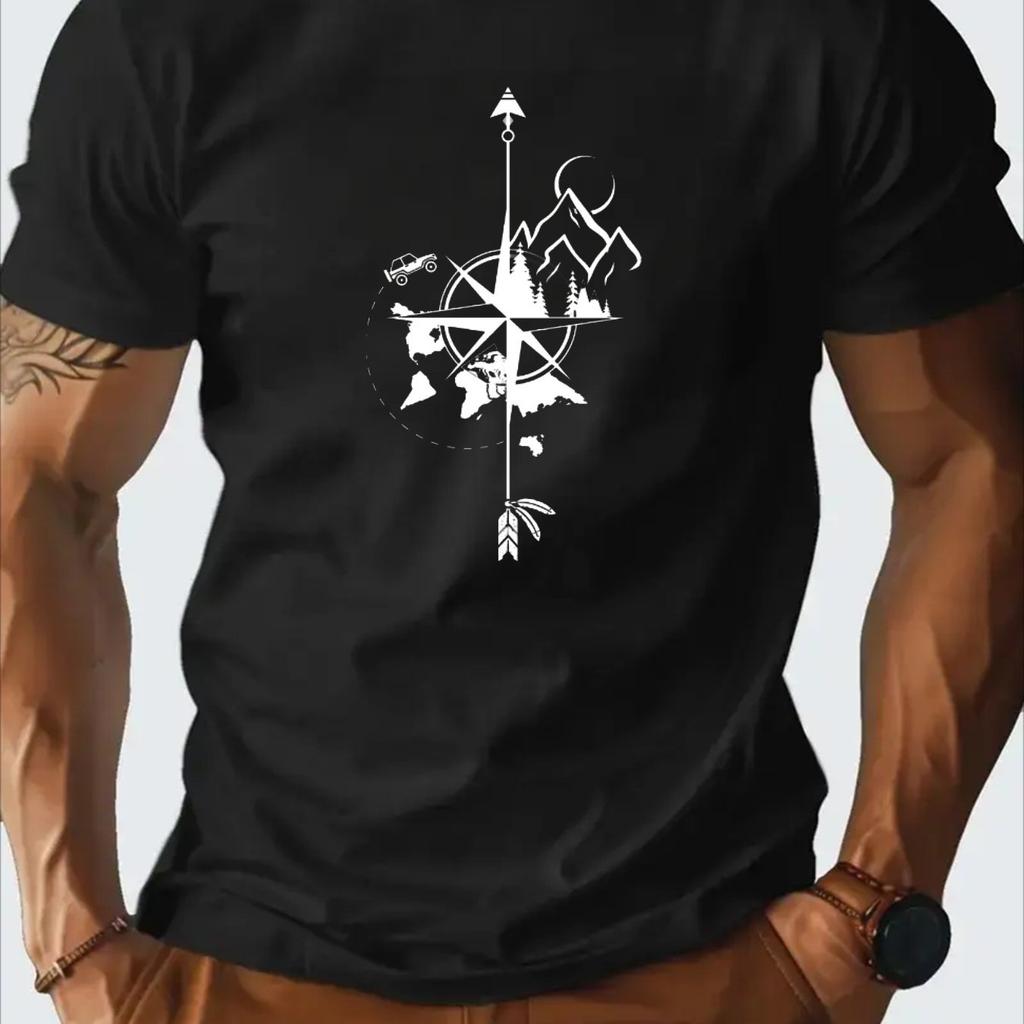 Men's Cotton Adventure Compass Print T-Shirt Breathable Olive Green with Black Graphic Design Men Clothing