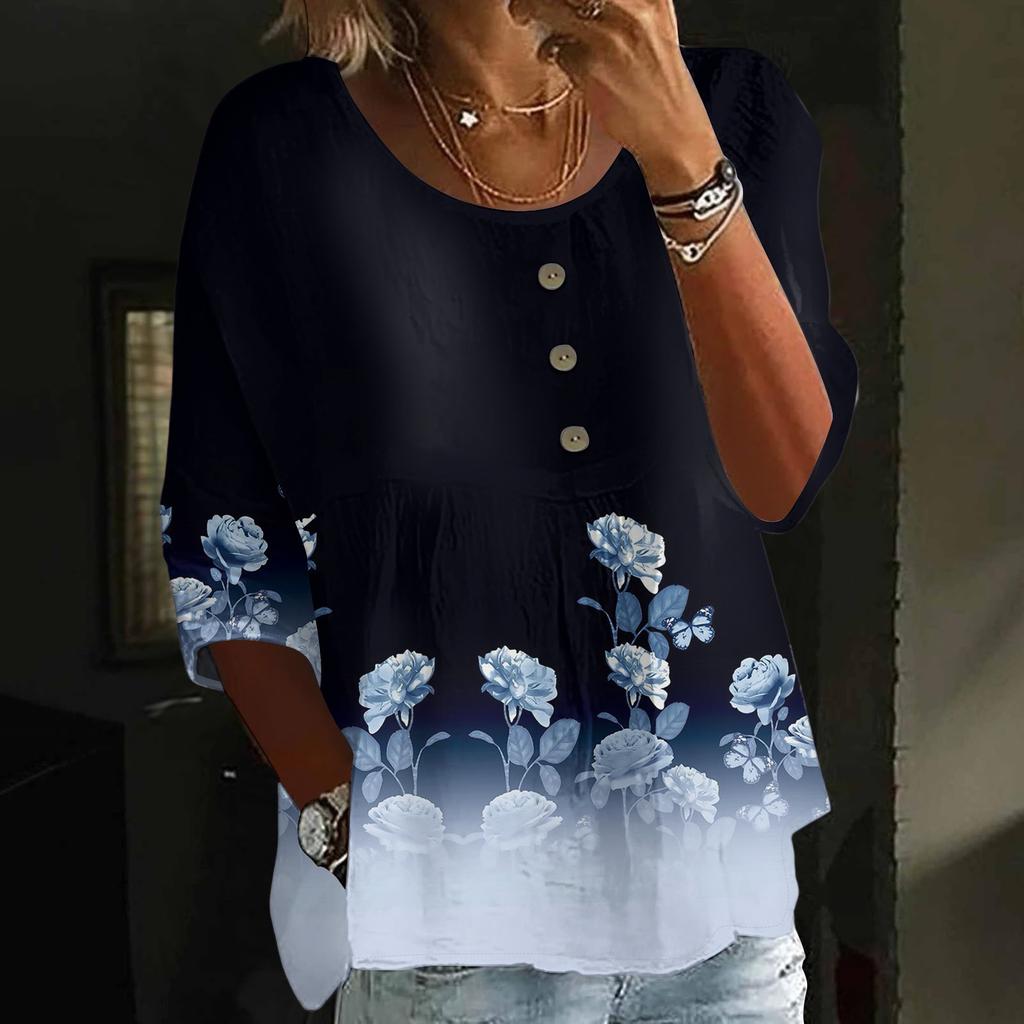 Dámská móda Ležérní tříčtvrteční rukáv Volný kulatý výstřih Knoflík Květinový potisk Top