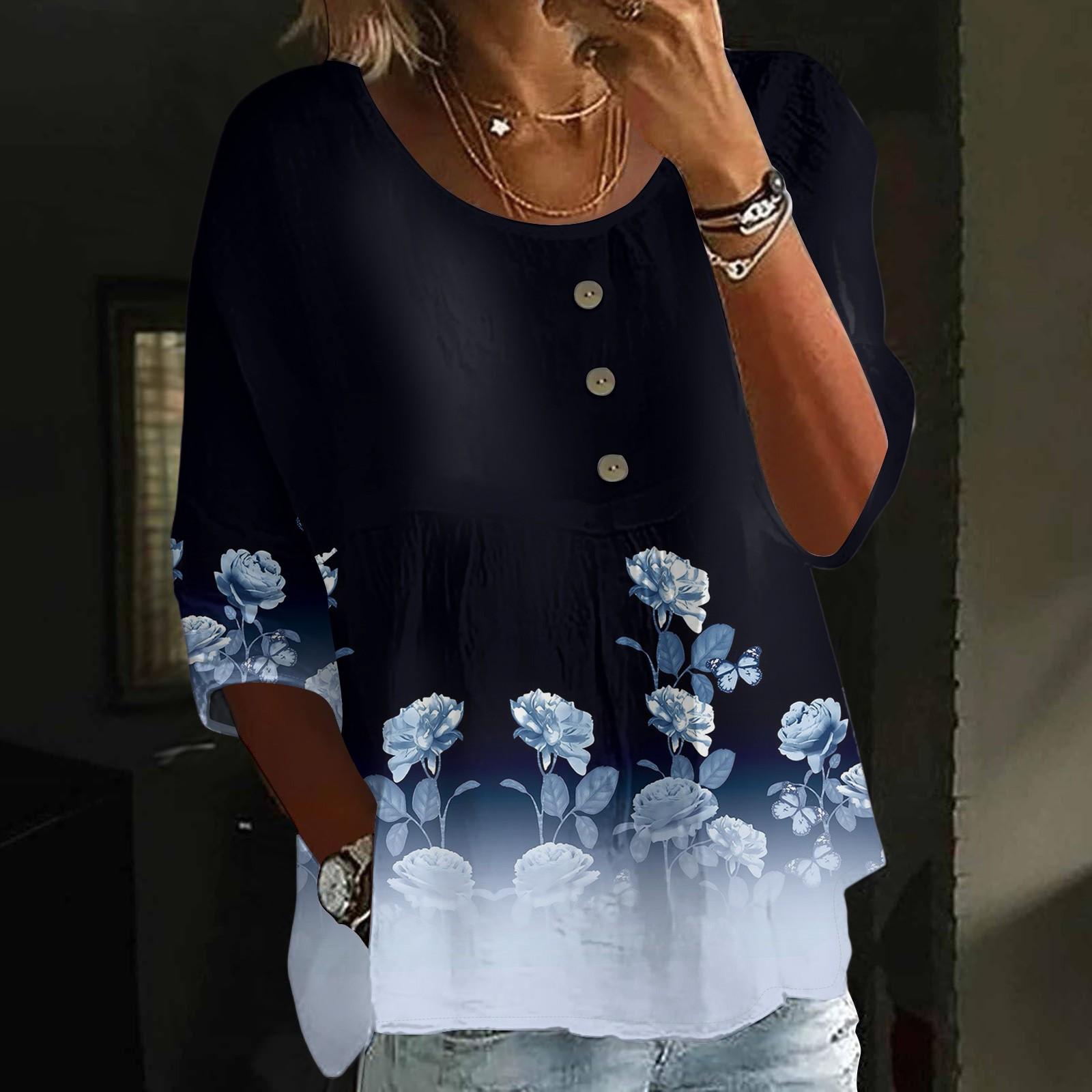 

Женская мода Повседневный Топ с рукавом три четверти Свободный Круглый вырез Пуговицы Цветочный принт M