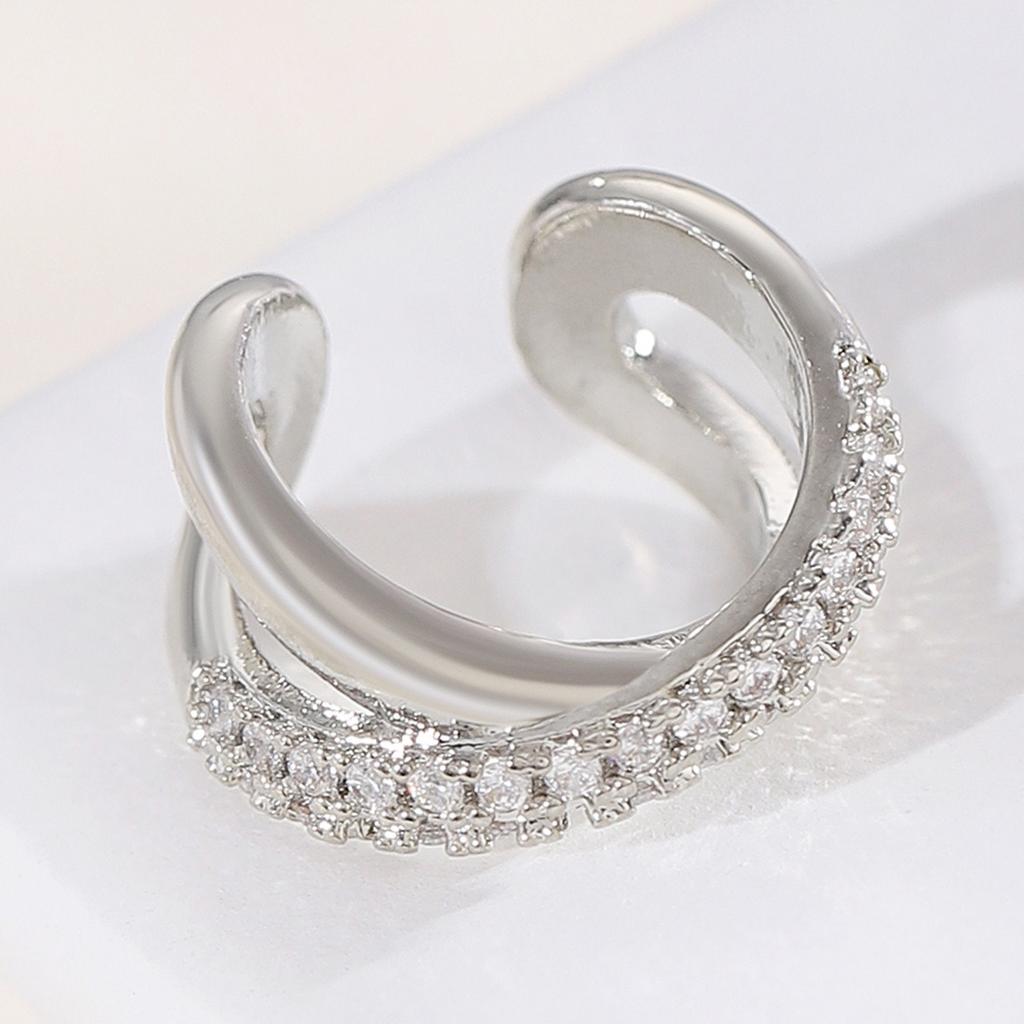 Double Layer Ear Cuff with Shiny Stones Elegant Silver Tone Non Piercing Ear Clip for Women Fashion Jewelry Accessory
