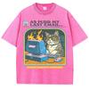 Cat Playing Computer GamesPrint Snow Wash T Shirt Man Unisex Washed Tees Casual Shortwear Soft Breathable Cotton Clothes