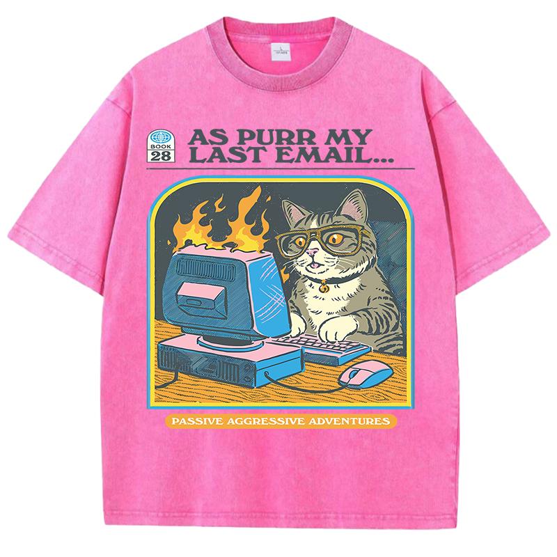 Cat Playing Computer GamesPrint Snow Wash T Shirt Man Unisex Washed Tees Casual Shortwear Soft Breathable Cotton Clothes