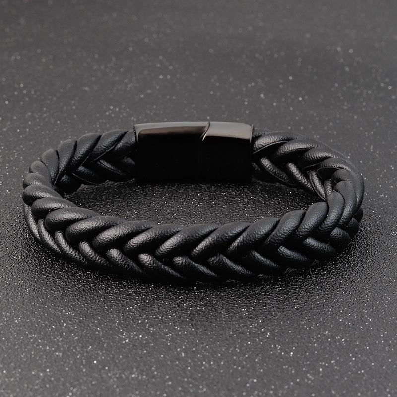Titanium Steel Leather Bracelet, Woven Black Leather Bracelet, Men's Jewelry 2026