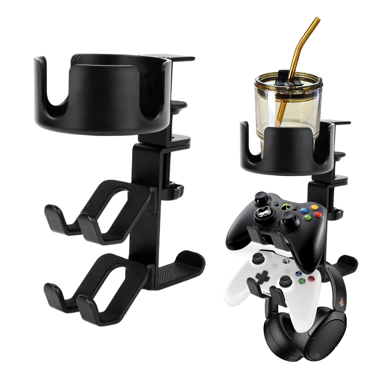 

3-in-1 Multifunctional Desk Organizer with 360° Rotating ControllerHeadphone Stand & Drink Holder, Space-Saving Storage Rack