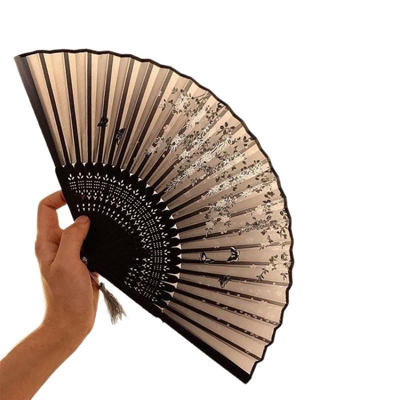 Portable Black Bamboo Folding Fan for Hanfu and Dance