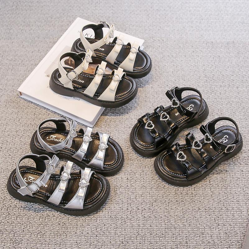 2025 Summer New Kids Leather Sandals for Girls Anti-slippery Sole Toddler Beach Shoes with Shiny Heart Princess Roman Style Shoe