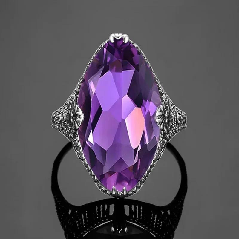 Marquise Purple Cz Finger Ring For Women Hollow Out Flower Design Aesthetic Wedding Jewelry Trendy Lady Accessories
