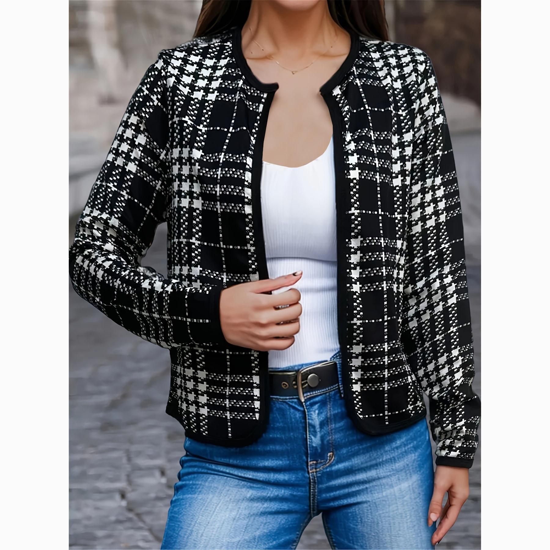 

Осенняя женская модная повседневная клетчатая куртка с длинным рукавом XS чёрный