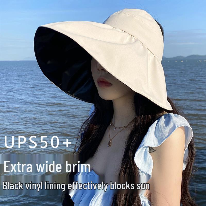 Women's Black Vinyl Bucket Hat with UV Face Shield, Adjustable & Foldable Summer Sun Protection Hat.