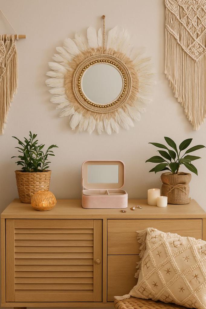 Round Boho Wall Mirror 50Cm White