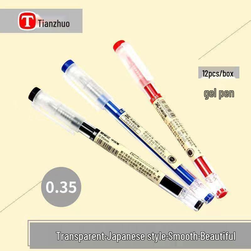 Tianzhuo 0.35mm Smooth Exam Pen - Transparent Barrel, Japanese Style, Red, Blue & Carbon Black