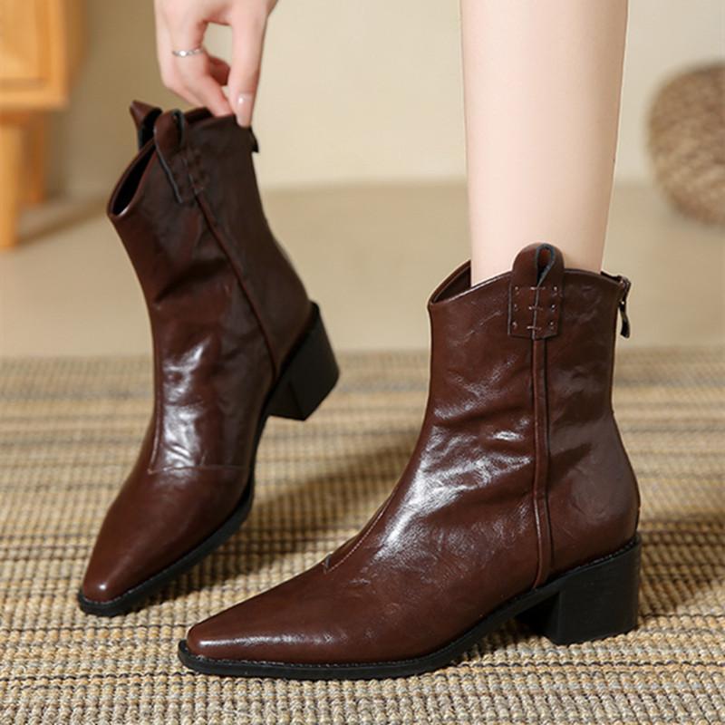 Fashion Retro Pointed Toe Zipper Ankle Boots Women Fashion Western Style V-Notch Designer Boots High Quality Soft Leather Casual Boots
