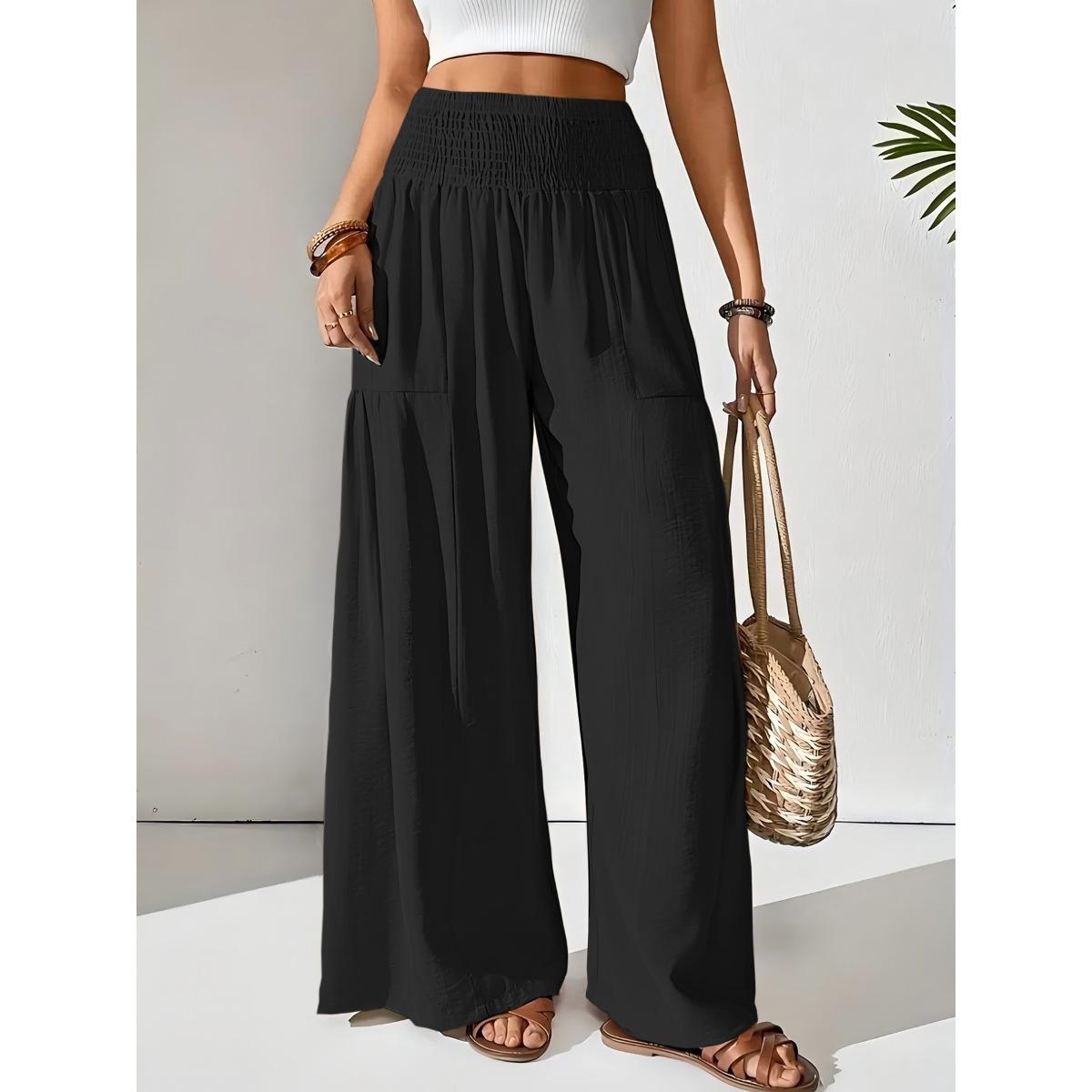 Women s High Waist Smocked Wide Leg Pants Casual Loose Palazzo Trousers with Pockets S чёрный