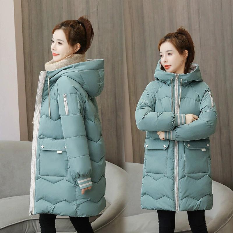 Winter new cotton jacket women's mid-length hooded contrast color thickening fashion loose cotton jacket with large pocket jacket