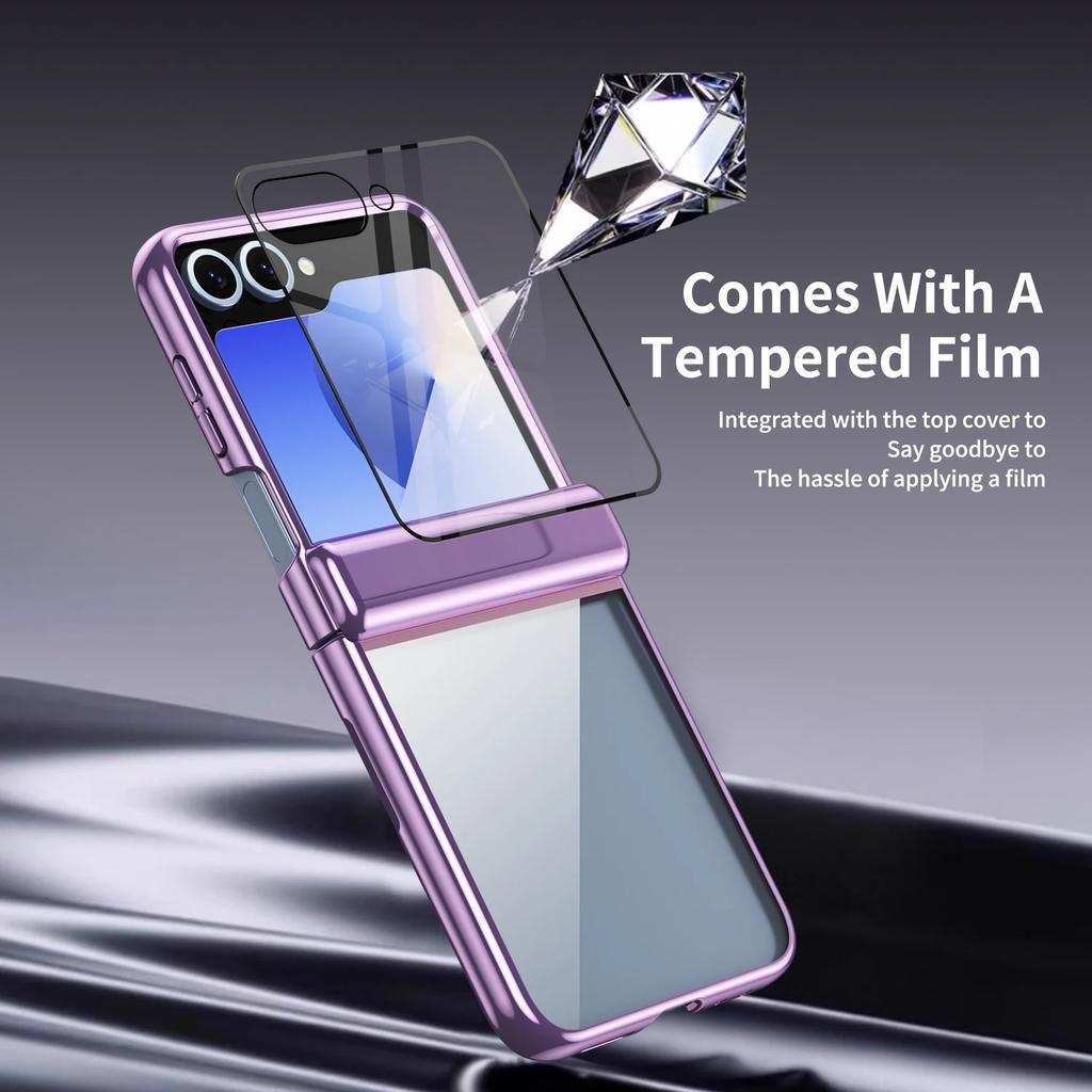 Electroplated Transparent Phone Case for Samsung Galaxy Z Flip 7 Fe 6 5 4 with Hinge Protection and Tempered Film Cover