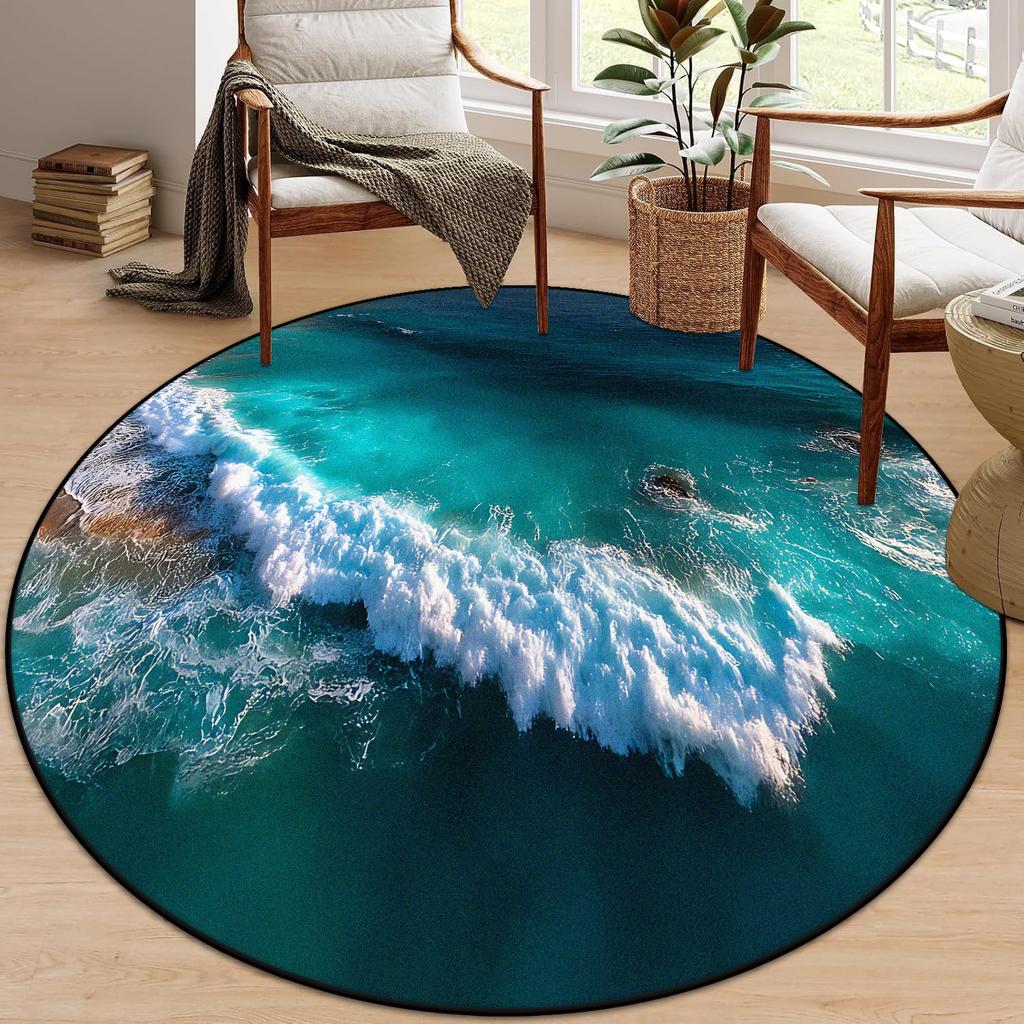 3D Beach Round Carpet Living Room Decoraiton Modern Light Luxury Large Room Lounge Rug Bedroom Decor Soft Fluffy Study Chair Mat