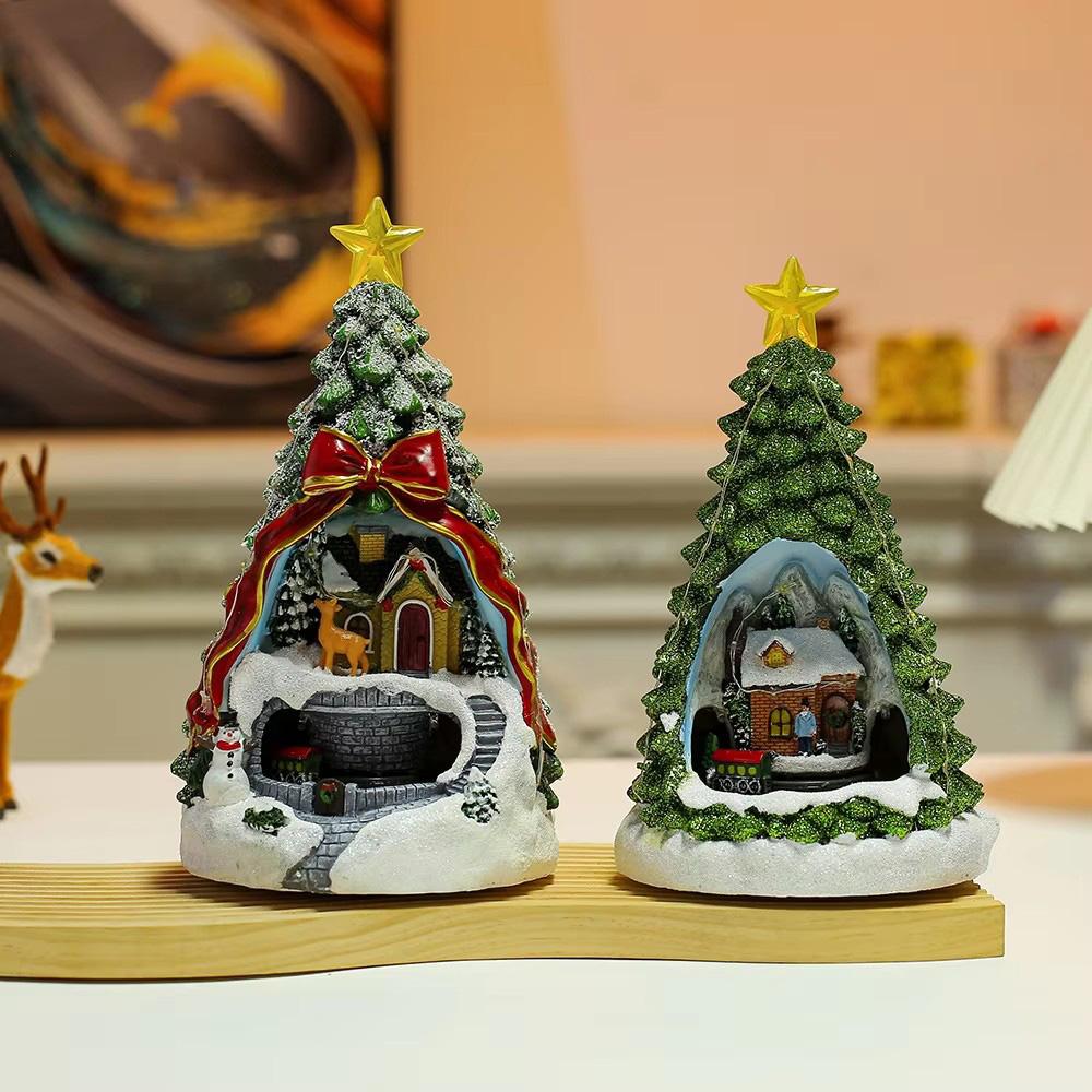 Christmas Tree Luminous Music Box Decorations Exquisite Resin Christmas Tree Desktop Ornaments Snow House Crafts Christmas Gifts