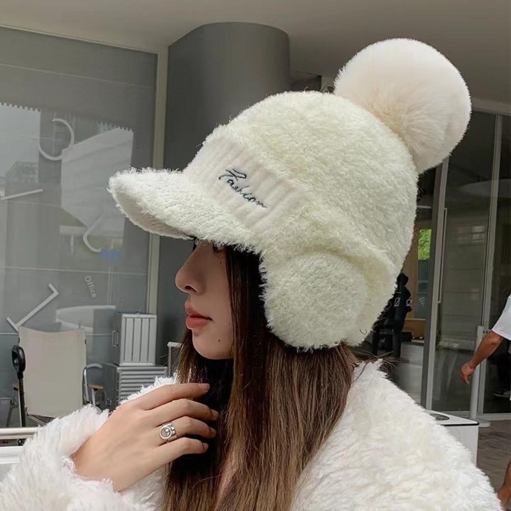 Solid Color Knitted Baseball Cap Thermal Ear Flap Protection Hat Pompom Plush Beanie Skiing