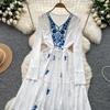 Vintage Western Style Embroidered V-neck Strap Up Waist Long Sleeve Dress for Women French Elegant Grand Swing Long Dress