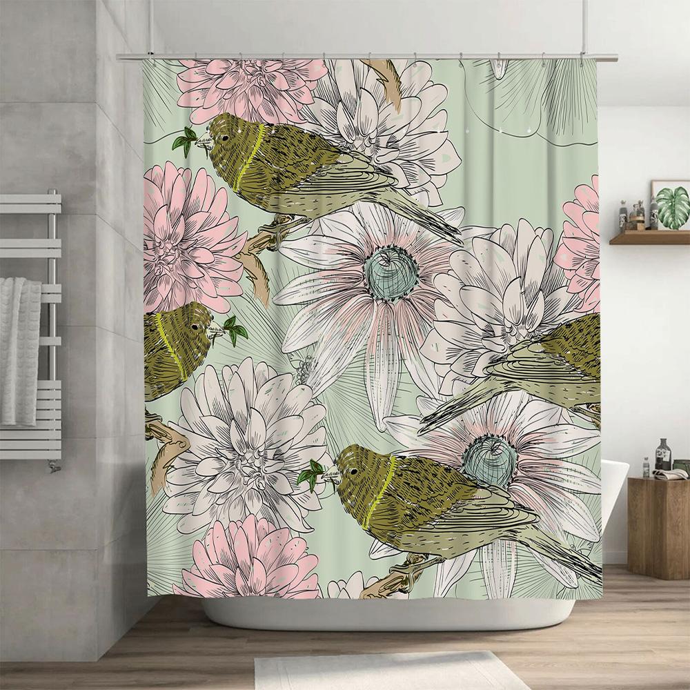 Vintage Floral Birds Shower Curtain Pink White Green Flower Pattern Home Decor Bathroom Rug Drape Waterproof Fabric Printing 305