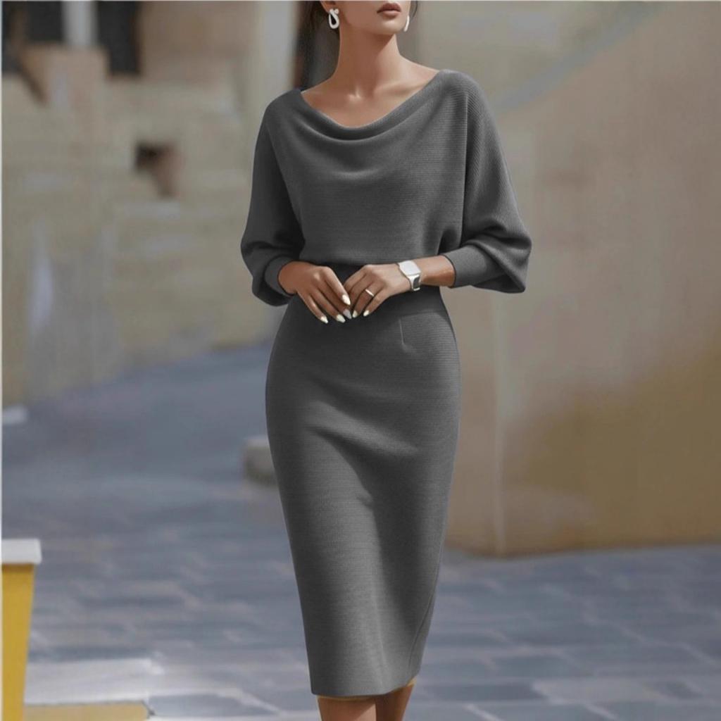 Fashion Pleated Batwing Sleeve Midi Dress for Women, Casual Evening Party Dress for European American Market