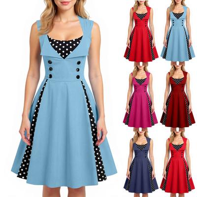 Women's Retro Fitted Sleeveless Polka Dot Print Dress For Performance