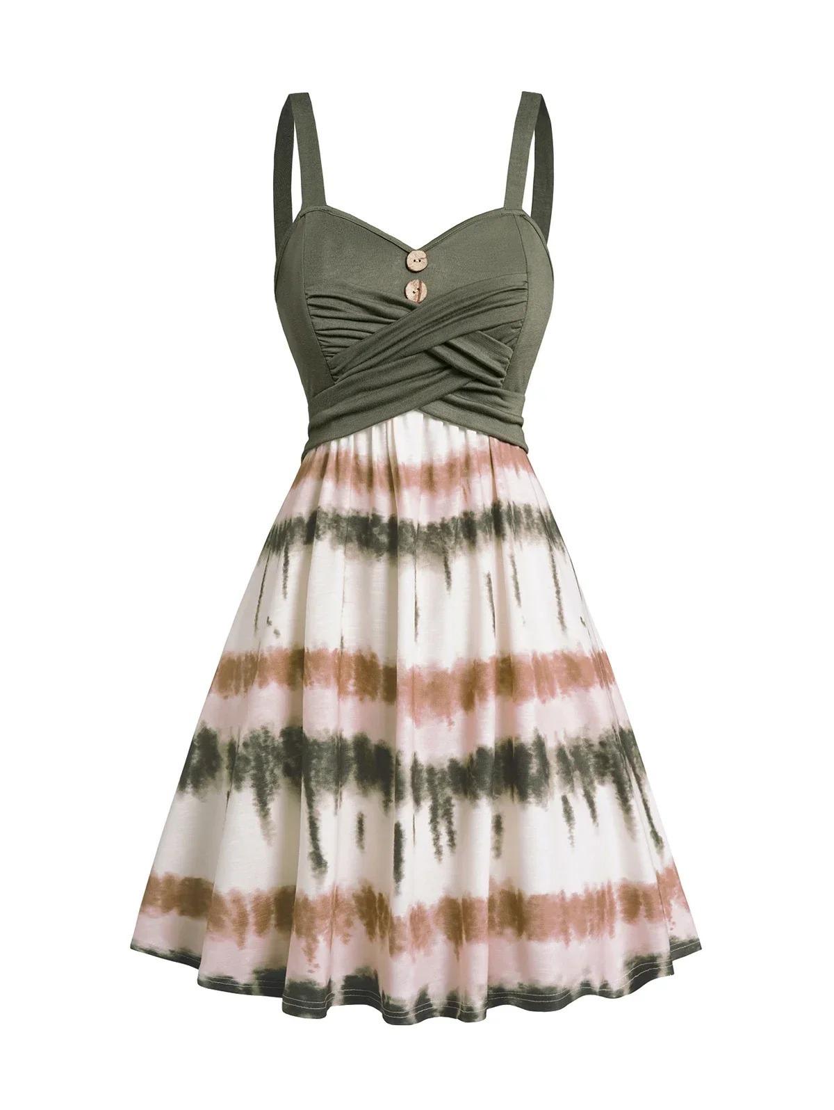 

Plus Size Tie-Dye Faux Button A-Line Sleeveless Dress 4XL армія зелений колір