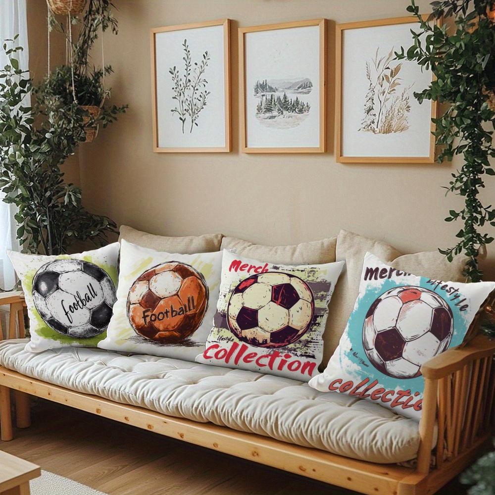 4Pcs Double-Sided Printed Throw Pillow Covers, Sketch Style Soccer Ball & "Football" Print Cushion Cases, Sporty Fan Home Decor