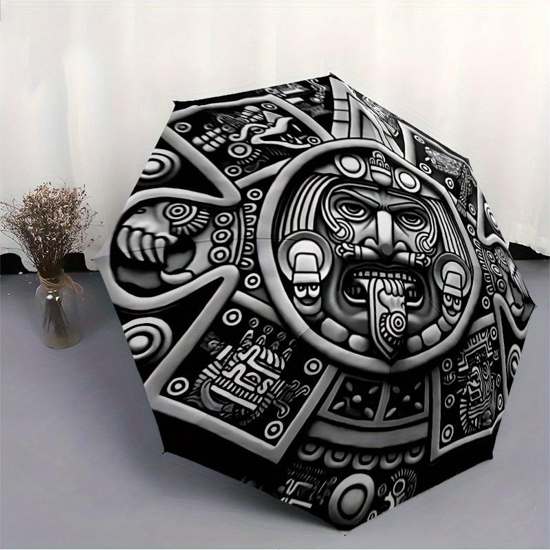 1pc Aztec Calendar Stone Automatic Open/close Umbrella, 8-Rib Sturdy Structure, Portable Travel Umbrella, Parties, Everyday Use, Outdoor Acc