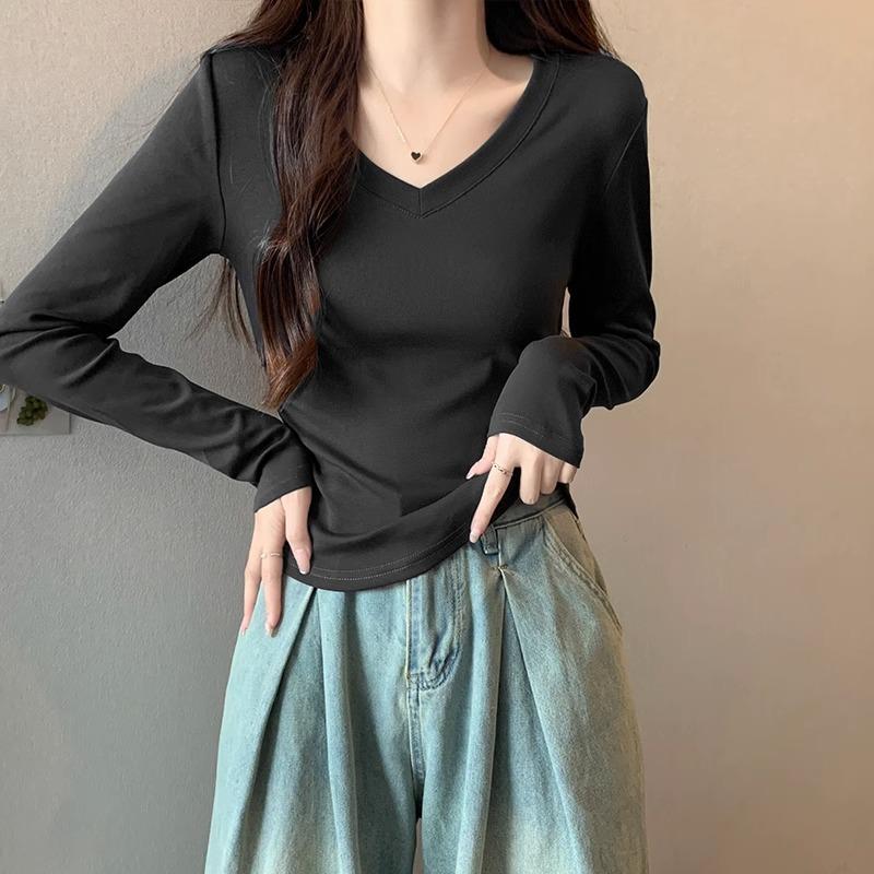 Korean v-neck slim design niche long-sleeved T-shirt for women spring and autumn irregular hem waist short hot girl top