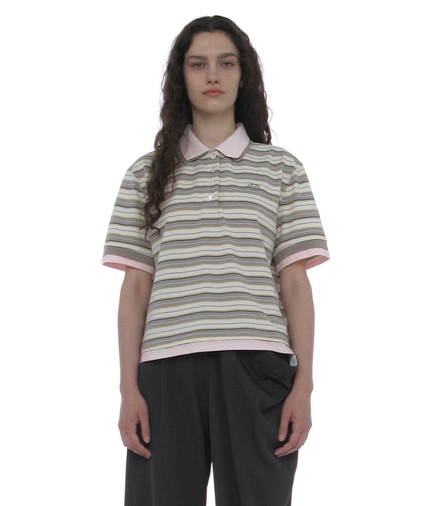 PARTIMENTO WOMEN Double Layered Stripe Polo Tee_Beige